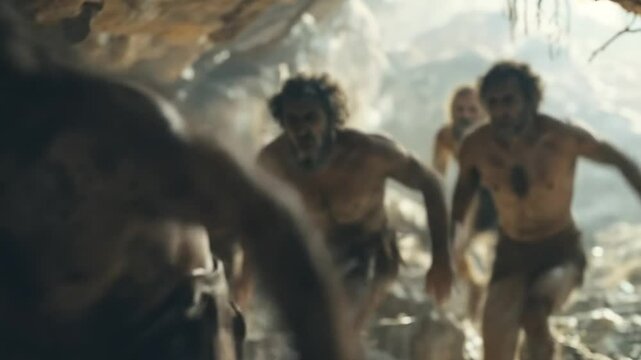 Prehistoric humans traversing a grassy hill under a dramatic cloudy sky. Three tribal men in primitive clothing, carrying tools, walking through wild terrain enter in a cave.