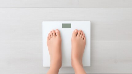 Person measures weight on a digital scale on a white wooden floor at home during the daytime.