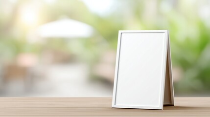Simple white stand mockup on light wooden table in outdoor cafe setting, advertising space available.