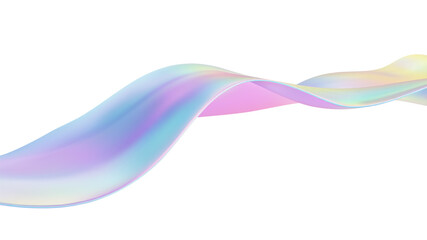 Naklejka na ściany i meble 3D Iridescent wave liquid abstract background. Glass ribbon fluid shape. Blue gradient holographic elements create iridescent flow and soft texture. Smooth flowing design on white background