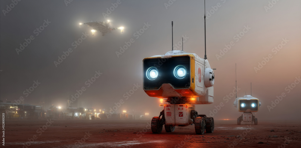 Aufkleber Two robots are engaged in a space expedition on a distant planet, navigating through a thick dust storm. They utilize advanced technology to search for valuable data while a drone hovers above them.