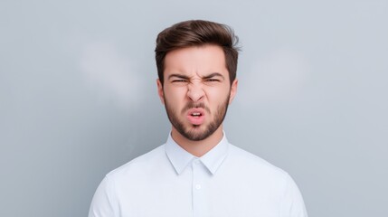 Young man in white shirt expressing disgust with a pursed mouth against a gray background in a studio environment.