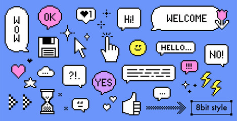 A set of retro stickers, speech bubble messages and icons in pixel art style. 8bit emoji. Y2k dialogue balloon with text Welcome, Hello for social media. Game abstract elements on blue background