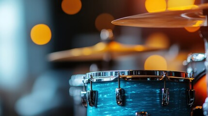 A close-up of a drum set with shimmering, colorful bokeh lights in the backdrop, creating a lively atmosphere filled with rhythm and creativity.