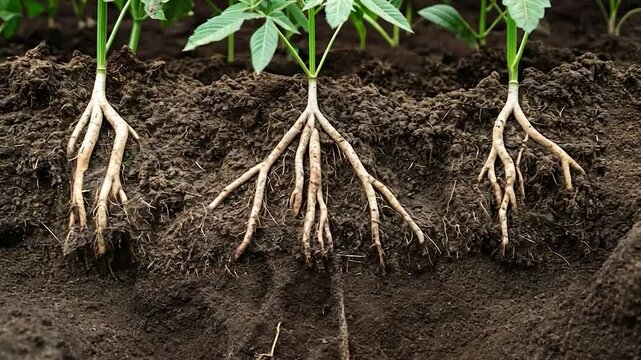 Young plants with visible roots in soil