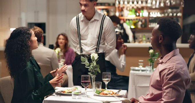Waiter, woman and angry at restaurant with stress, argument and complaint for bad service at cafe. People, dispute and frustrated with conflict, mistake and talking with order issue for staff