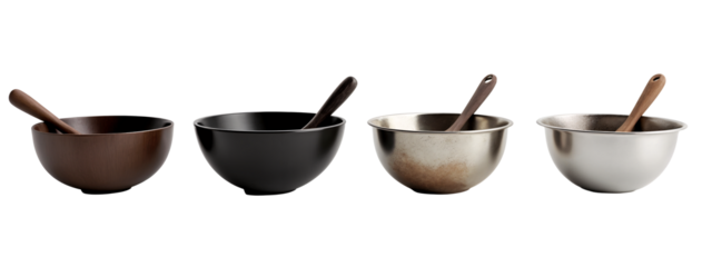 A set of four metal bowls with wooden spoons in them.