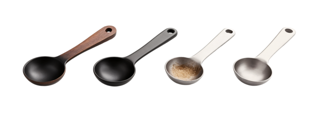 A set of three stainless steel measuring spoons with a wooden handle.
