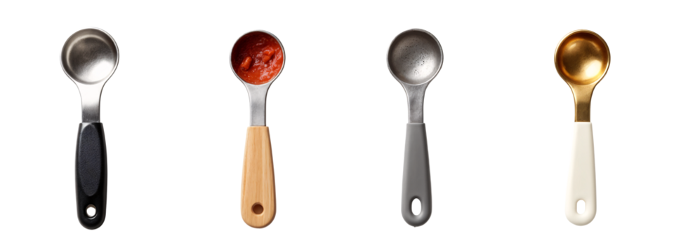 A set of four different colored spoons