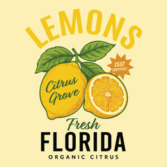 Florida lemon vintage citrus fruit label for fresh organic t-shirt design