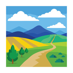 Fototapeta premium Minimalist Cartoon Countryside Landscape with Farmland and Mountains