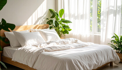 unmade bed with soft linen sheets, morning light casting shadows through sheer curtain