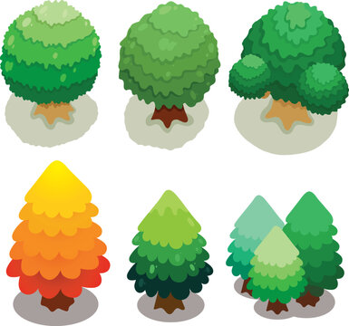 Juni02Isometric Cartoon Trees Vector Set for Game and Design