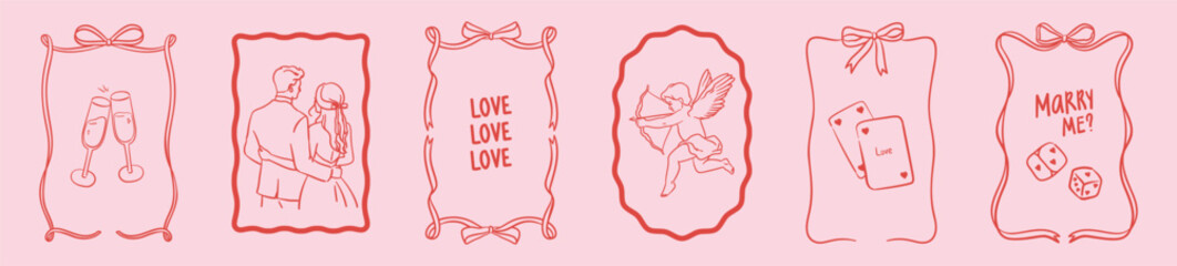 Elegant wedding poster set. Hand drawn romantic cute just married couple, cupid, champagne, playing cards in coquette line style. Unique doodle sketched vector illustrations for invitations.	