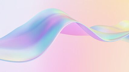 3D glass ribbon fluid wave. Abstract liquid background. Blue gradient holographic elements swirl with iridescent flow shapes and neon light. Bright spectral movement and colorful refraction.