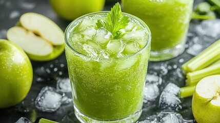 Refreshing green apple and celery detox smoothie with ice cubes and parsley