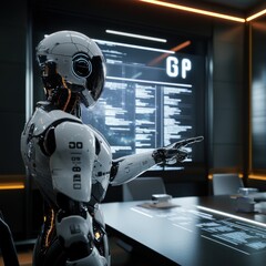 Advanced Robot in futuristic control room interacting with a holographic display
