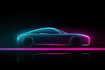Abstract vector design of a car silhouette,  glowing neon light effect on a dark background