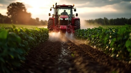 Fototapeta premium A vibrant red tractor is plowing lush green fields at sunset, creating a stunning visual of agricultural life and the beauty found in nature's cycles of growth and harvest.