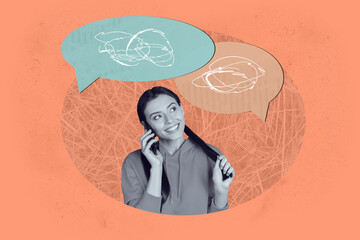 Full 3d poster art collage of happy girl guy stand bubble communication chatterbox speech scribble...