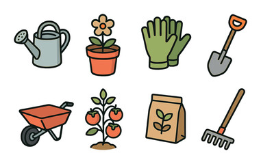 Gardening together isometric set. watering can, flower pot, garden gloves, shovel, wheelbarrow, tomato plant, seed packet, rake