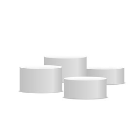 White pedestal png. 3D display platform with round and square shapes for product presentation. Vector abstract background for studio stage, gallery exhibition, or clean modern promo design.


