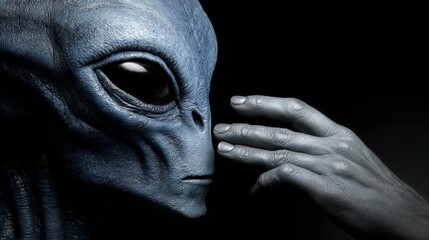 Human hand touching alien's face, concept of alien-human interaction