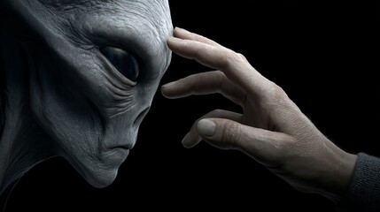 Human hand touching alien's face, concept of alien-human interaction