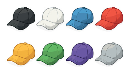 Caps in color isometric set. black cap, white cap, blue cap, red cap, gold cap, green cap, purple cap, silver cap