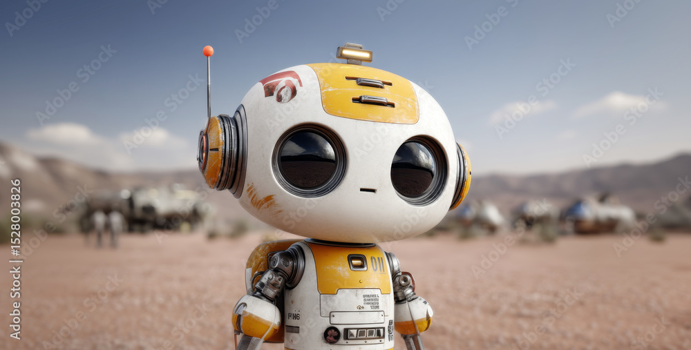 Poster A small, friendly robot stands on the red surface of an alien planet. It is equipped with sensors and antennas. In the background, a team of human explorers is busy investigating the environment.
