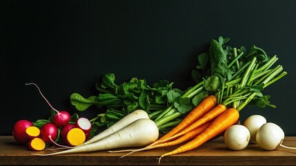 Fresh vegetables against dark background: radishes, white carrots, green carrots, and turnips