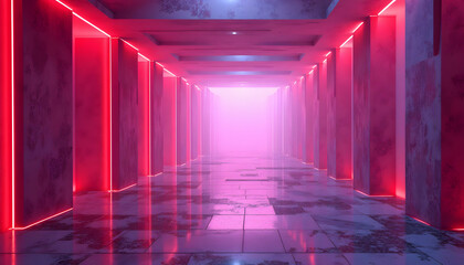 Vibrant magenta corridor with neon lighting and reflective polished floor