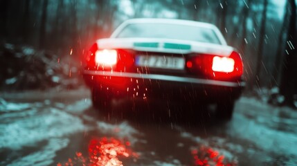 In a misty forest, a car's rear lights glimmer brightly in the rain, creating a moody atmosphere and highlighting themes of solitude and reflection amidst nature's beauty.