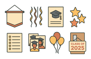 Class of 2025 hallway decor isometric set. wall banner, streamers, poster board, paper stars, student names list, photo cutouts, balloons cluster.