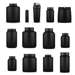 Muscle gainer png. Realistic bodybuilding supplement design with plastic bottle and food container. Vector illustration for diet, training, energy boost, and gym product branding.

