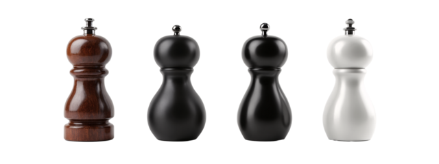 A group of three different colored salt and pepper shakers.