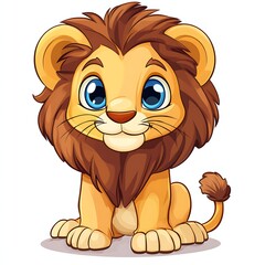 Obraz premium Charming lion character with vibrant blue eyes sitting in 2D illustration