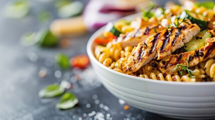 An appetizing close-up of pasta topped with grilled chicken and fresh vegetables, showcasing vibrant colors and textures, perfect for culinary enthusiasts and food photography lovers.