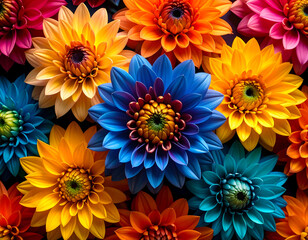 Fototapeta premium Vibrant Rainbow Dahlias A Rare Display of Colorful Flowers