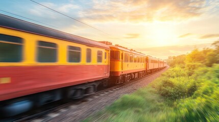 Fototapeta premium Train moving through landscape at sunset. Possible use Stock photo for travel, transportation, nature
