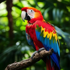 Obraz premium Colorful macaw parrot with blue, yellow, and green feathers perched on branch
