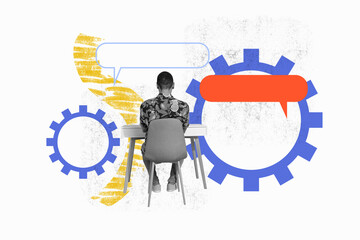 Creative sketch image art collage of anonym man sit chair table write message icon communication...