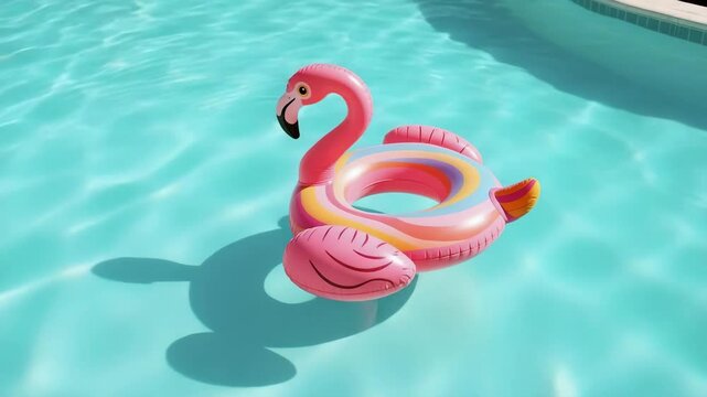 A bright pink flamingo float drifts lazily in a turquoise pool under sunlight. The camera glides smoothly around it, highlighting soft water ripples, gentle reflections, and a calm summer atmosphere.