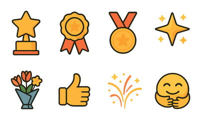Best wishes symbols isometric set. star trophy, ribbon badge, gold medal, shining star, bouquet of flowers, thumbs up, celebration firework, hugging emoji