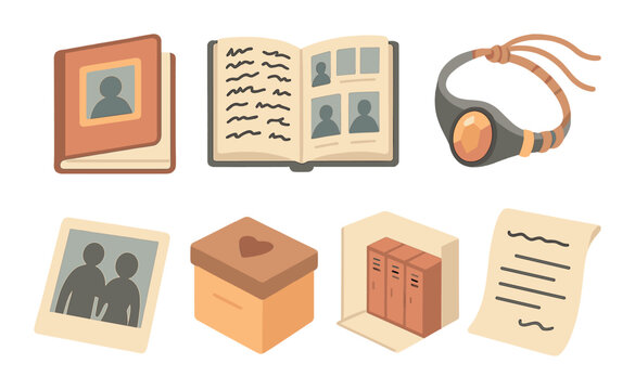 Senior memories clipart isometric set. photo album, signed yearbook, class ring, friendship bracelet, old photo, memory box, school hallway, farewell note