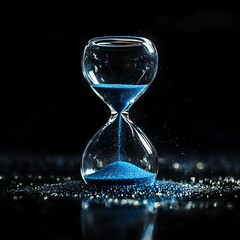 Elegant hourglass with blue sand grains against a dark background