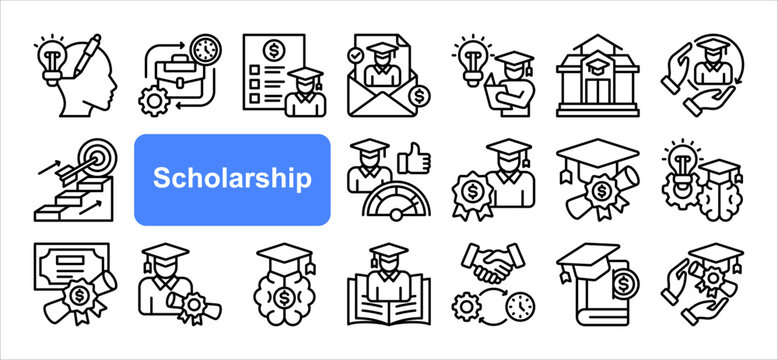 Scholarship icon collection set. Containing financial aid, tuition assistance, grant, fellowship, award, bursary, stipend icon. Simple line vector illustration.