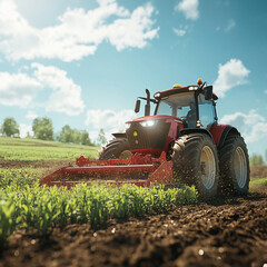 Obraz premium A large tractor harvests crops in a field.