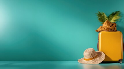 A vibrant yellow suitcase adorned with tropical accents and a straw hat, symbolizing travel dreams and adventures awaiting on the horizon, promising exploration and excitement.