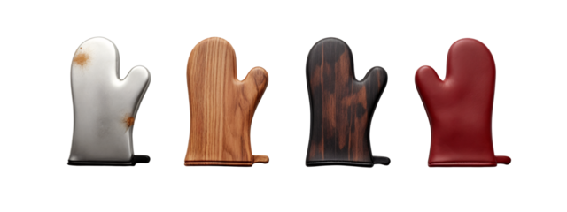 A set of four different colored oven mitts